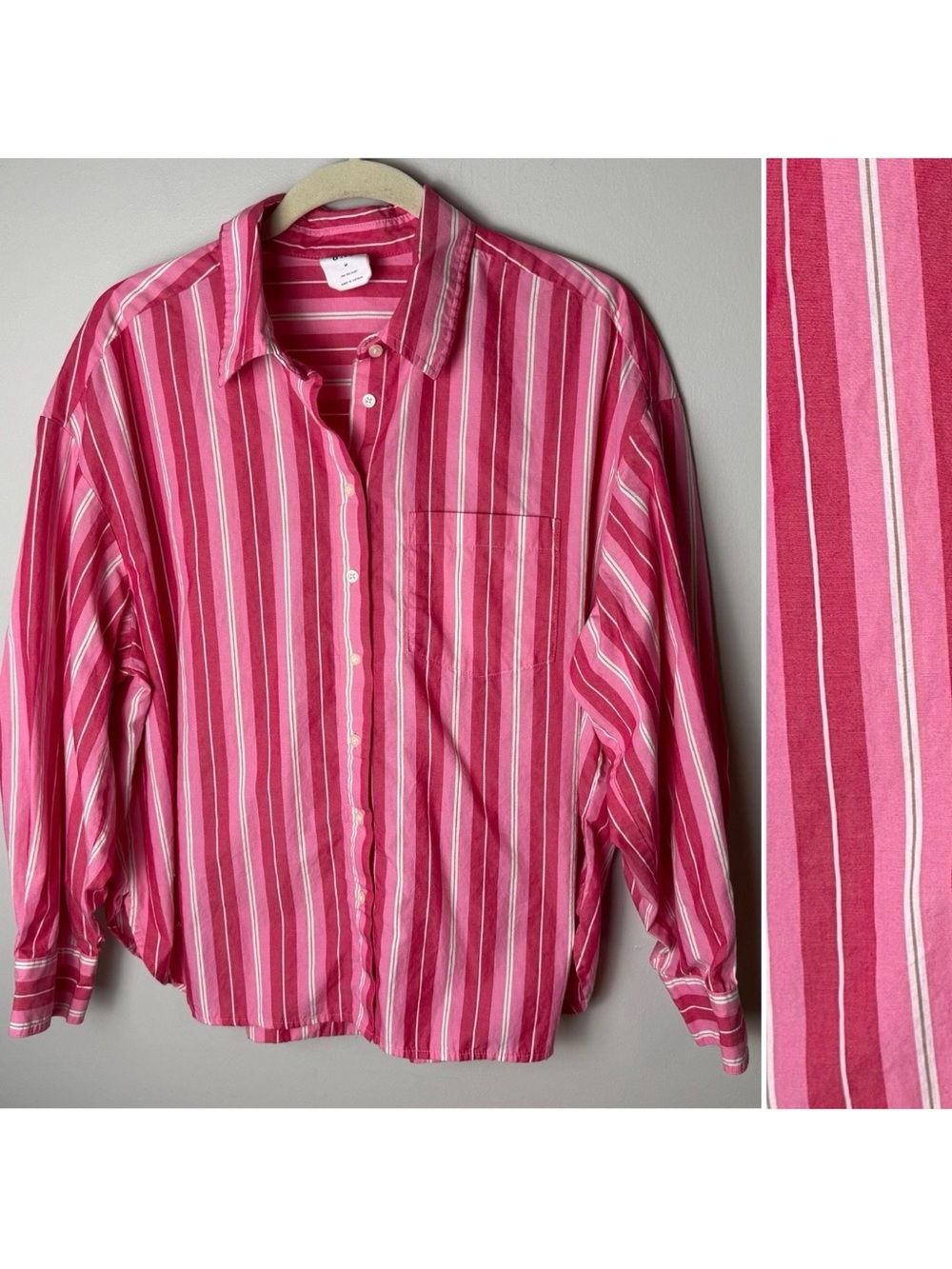 GAP The Big Shirt Button Up Size Medium Top Pink White Green Stripes Oversized